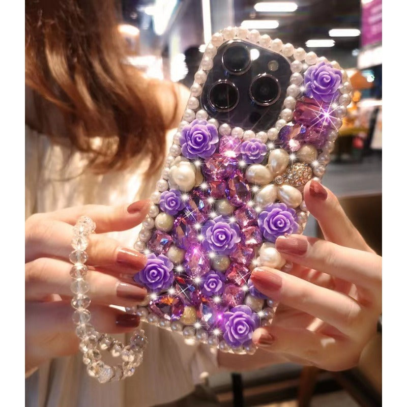 Wholesale Pearl Border Full Diamond Flower Phone Protective Cases